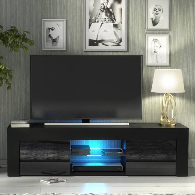 Creative Furniture Loom TV Unit 130cm - Black with Gloss Doors & LED Lights - image 1