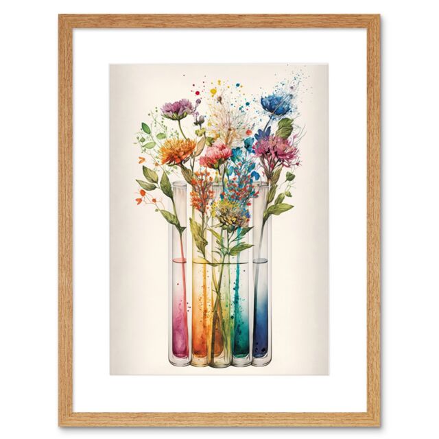 "Artery8 Wall Art Print Wildflower Glass Test Tubes Rainbow Colour Water Artwork Framed 9X7 Inch in Beige - Size: W7"" x H9""" - image 1