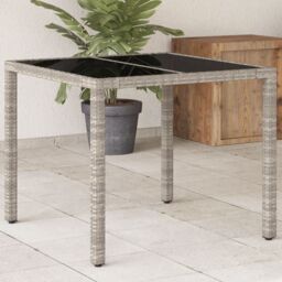 Berkfield Home Garden Table with Glass Top Light Grey 90x90x75 cm Poly Rattan - Size: 90 x 90 x 75 cm - thumbnail 1