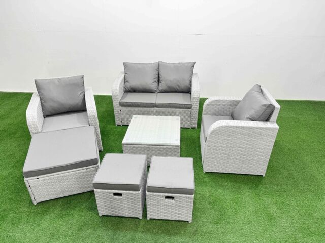 Fimous Light Grey PE Wicker Rattan Garden Furniture Set Sofa Set Reclining Adjustable Chair Square Coffee Table 7 Seater 3 Stools - image 1