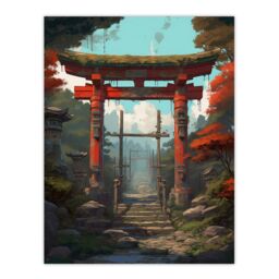 Artery8 Wall Art Print Red Torii Gate Leading to Shinto Shrine in Forest Painting Steps to Sacred Grounds Temple in Tranquil Landscape Poster - thumbnail 1