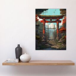 Artery8 Wall Art Print Red Torii Gate Leading to Shinto Shrine in Forest Painting Steps to Sacred Grounds Temple in Tranquil Landscape Poster - thumbnail 4