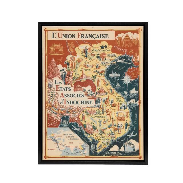 "Artery8 1948 Map Associated States of Indochina Framed Canvas Wall Art Print in Red - Size: W12"" x H16""" - image 1