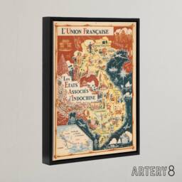 "Artery8 1948 Map Associated States of Indochina Framed Canvas Wall Art Print in Red - Size: W12"" x H16""" - thumbnail 2