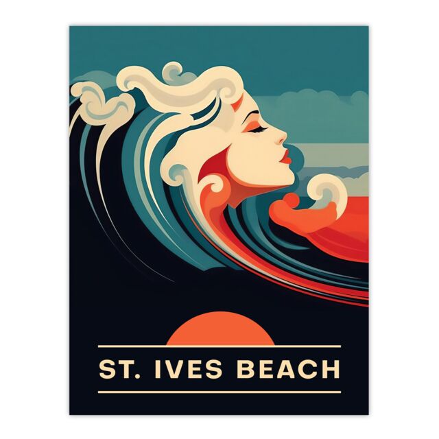 "Artery8 Wall Art Print The Seaside Calls St Ives Beach England UK Sunset Woman of the Waves Sea Siren Ocean Poster in Blue - Size: W24"" x H32""" - image 1