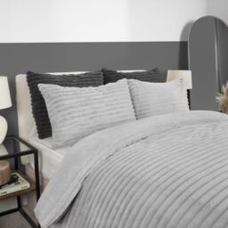 OHS Ribbed Duvet Cover Faux Fur Winter Warm Bedding Set in Silver - Size: Super King - thumbnail 3