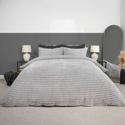 OHS Ribbed Duvet Cover Faux Fur Winter Warm Bedding Set in Silver - Size: Super King