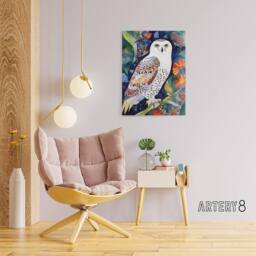 "Artery8 Snowy Owl On Blooming Tree Folk Art Canvas Wall Art Print - Size: W24"" x H32""" - thumbnail 3