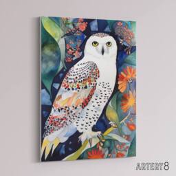 "Artery8 Snowy Owl On Blooming Tree Folk Art Canvas Wall Art Print - Size: W24"" x H32""" - thumbnail 2