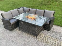 Fimous Outdoor Rattan High Back Sofa Set Gas Fire Pit Dining Table Gas Heater Burner 6 Seater in Dark Grey - thumbnail 3