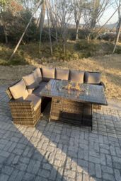 Fimous Outdoor Rattan High Back Sofa Set Gas Fire Pit Dining Table Gas Heater Burner 6 Seater in Dark Grey - thumbnail 5