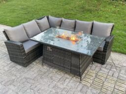 Fimous Outdoor Rattan High Back Sofa Set Gas Fire Pit Dining Table Gas Heater Burner 6 Seater in Dark Grey - thumbnail 1