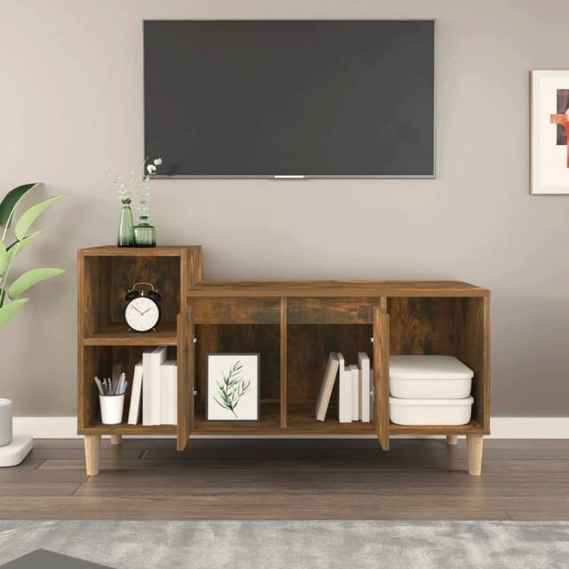 Berkfield Home TV Cabinet Smoked Oak 100x35x55 cm Engineered Wood in Brown - Size: 100 x 35 x 55 cm - image 1