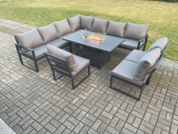 Fimous Aluminium 10 Seater Lounge Corner Sofa Outdoor Garden Furniture Sets Gas Fire Pit Dining Table Set Dark Grey - thumbnail 1