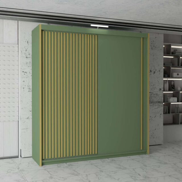 MN Furniture Modern Sliding Wardrobe with Golden Strips LED Light 150x217cm in Green - Size: 150x217 cm - image 1
