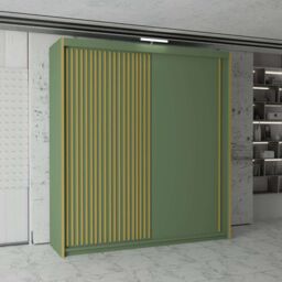 MN Furniture Modern Sliding Wardrobe with Golden Strips LED Light 150x217cm in Green - Size: 150x217 cm