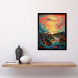 "Artery8 Wall Art Print Atmospheric Clouds Over Mono Fishing Village Cabins at Dawn Modern Watercolour Painting Art Framed in Black - Size: W12"" x H16""" - thumbnail 2