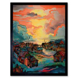 "Artery8 Wall Art Print Atmospheric Clouds Over Mono Fishing Village Cabins at Dawn Modern Watercolour Painting Art Framed in Black - Size: W12"" x H16""" - thumbnail 1