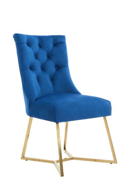 Life Interiors Single Ambra Modern Velvet Dining Chair with Gold Legs, Ring Handle & Tufted Back in Blue - image 1