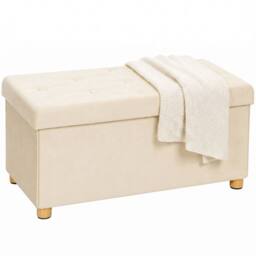 HOMCOM Velvet Upholstered Foldable Ottoman Footrest with Wood Legs, Cream - thumbnail 2