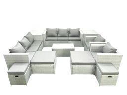 Fimous 11 Pieces Rattan Garden Furniture Set Outdoor Garden Sofa Chair Coffee Table Set with 4 Footstools 2 Side Tables Light Grey Mixed - thumbnail 1