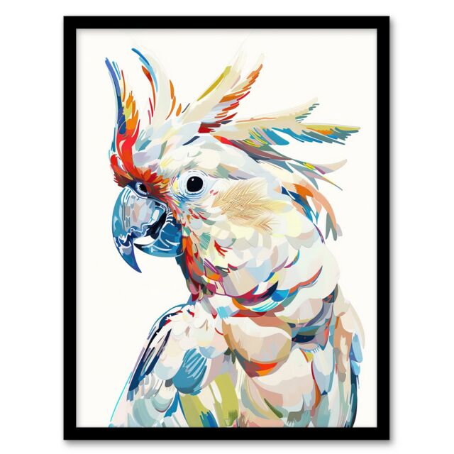 Artery8 Cockatoo Parrot Bird Portrait Bright Design Framed Art Print in White - Size: A4 - image 1