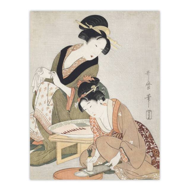 "Artery8 Women Preparing Sashimi Vintage Japan Wall Art Print Kitagawa in Khaki - Size: W12"" x H16""" - image 1