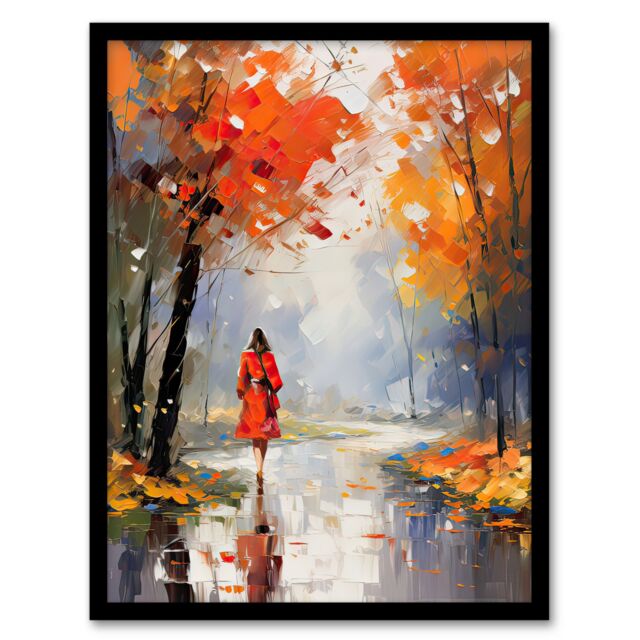 Artery8 Wall Art Print Autumn Walk Oil Painting Woman Walking Through Park Framed in Orange - Size: A4 - image 1