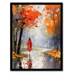 Artery8 Wall Art Print Autumn Walk Oil Painting Woman Walking Through Park Framed in Orange - Size: A4 - thumbnail 1