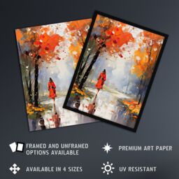 Artery8 Wall Art Print Autumn Walk Oil Painting Woman Walking Through Park Framed in Orange - Size: A4 - thumbnail 2