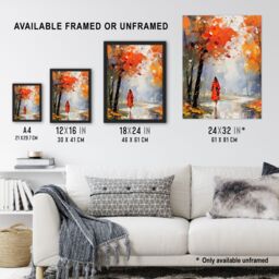 Artery8 Wall Art Print Autumn Walk Oil Painting Woman Walking Through Park Framed in Orange - Size: A4 - thumbnail 3