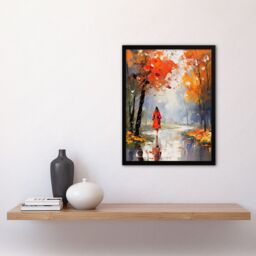 Artery8 Wall Art Print Autumn Walk Oil Painting Woman Walking Through Park Framed in Orange - Size: A4 - thumbnail 4