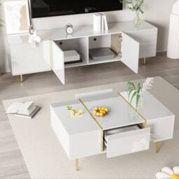 Rolipo White High Gloss TV Cabinet Set 170cm with Matching Coffee Table - thumbnail 5