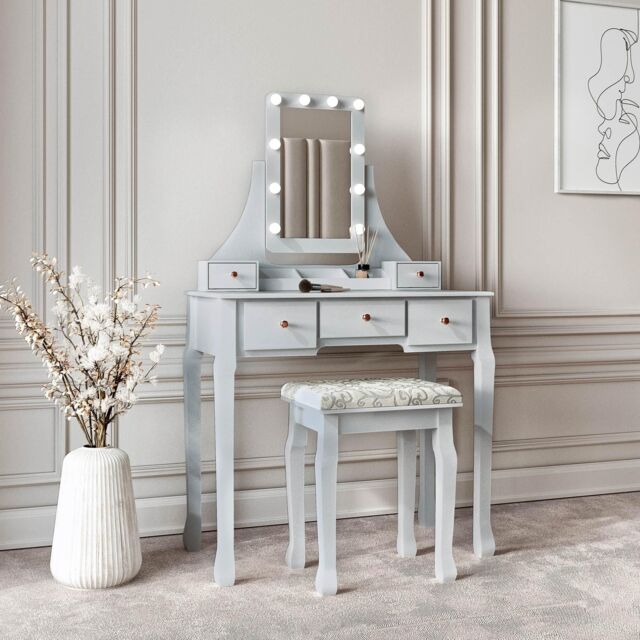 CARME HOME Arianna Deluxe Grey Dressing Table with Hollywood Mirror Lights - image 1