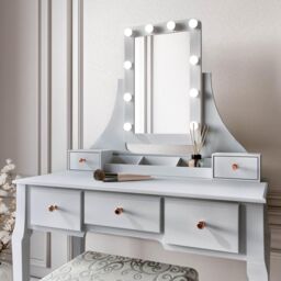 CARME HOME Arianna Deluxe Grey Dressing Table with Hollywood Mirror Lights - thumbnail 2