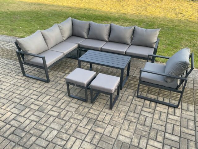 Fimous Aluminium Garden Furniture Set Outdoor Indoor Lounge Corner Sofa Chair Oblong Coffee Table Sets with 2 Small Footstools Dark Grey
