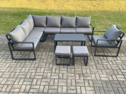 Fimous Aluminium Garden Furniture Set Outdoor Indoor Lounge Corner Sofa Chair Oblong Coffee Table Sets with 2 Small Footstools Dark Grey - thumbnail 2