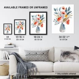 Artery8 Wildflower Bouquet Vase Pastel Floral Watercolour Framed Wall Art in Pink - Size: A4 - thumbnail 3