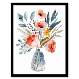 Artery8 Wildflower Bouquet Vase Pastel Floral Watercolour Framed Wall Art in Pink - Size: A4 - thumbnail 1