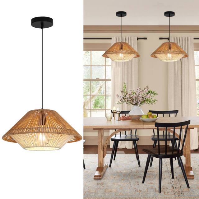 NIVOR 1-Light Natural Rattan Pendant Light E27 Boho Chandelier Adjustable in Light Brown - image 1