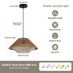 NIVOR 1-Light Natural Rattan Pendant Light E27 Boho Chandelier Adjustable in Light Brown - thumbnail 2