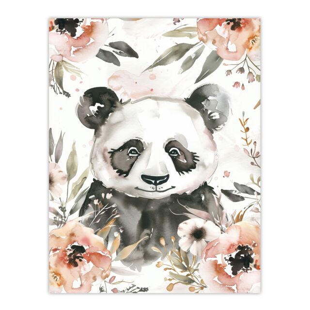 "Artery8 Sweet Panda Watercolour Portrait Wildflowers Cute Wall Art Print in Grey - Size: W24"" x H32""" - image 1