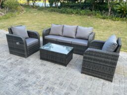 Fimous PE Rattan Garden Furniture Set Adjustable Chair Sofa Lounge Sofa Set Oblong Coffee Table in Dark Grey - thumbnail 2