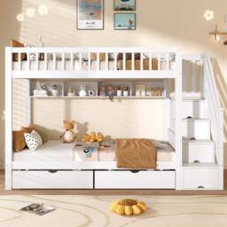 Merax White 3FT Single Children's Bunk Bed with Drawers & Stair Storage