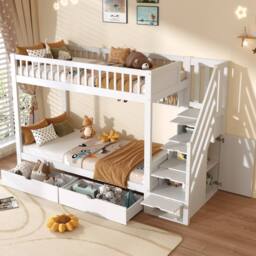 Merax White 3FT Single Children's Bunk Bed with Drawers & Stair Storage - thumbnail 3