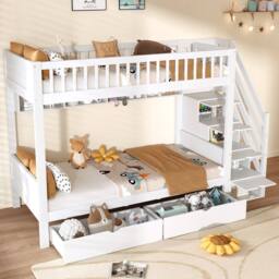 Merax White 3FT Single Children's Bunk Bed with Drawers & Stair Storage - thumbnail 2