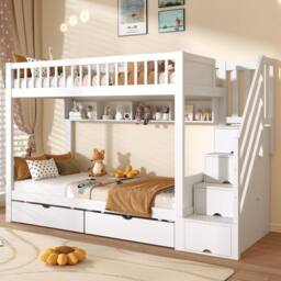 Merax White 3FT Single Children's Bunk Bed with Drawers & Stair Storage - thumbnail 4