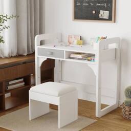 VOGREX Desk & Chair Set Study Desk Wooden Writing Table in White - thumbnail 4