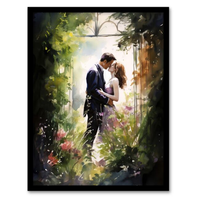 "Artery8 Wall Art Print Stolen Kiss Watercolour Painting Secret Garden Lovers Kissing Among Flowers Bedroom Art Framed in Green - Size: W12"" x H16""" - image 1