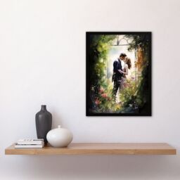 "Artery8 Wall Art Print Stolen Kiss Watercolour Painting Secret Garden Lovers Kissing Among Flowers Bedroom Art Framed in Green - Size: W12"" x H16""" - thumbnail 4